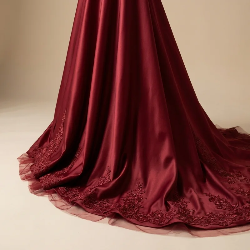 Red Satin A-Line Wedding Dress with Off-Shoulder Sleeves - 4