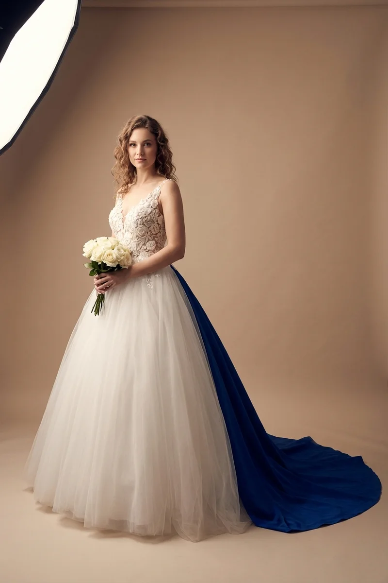 Royal Length Tulle Wedding Dress with Embroidered Bodice - 1