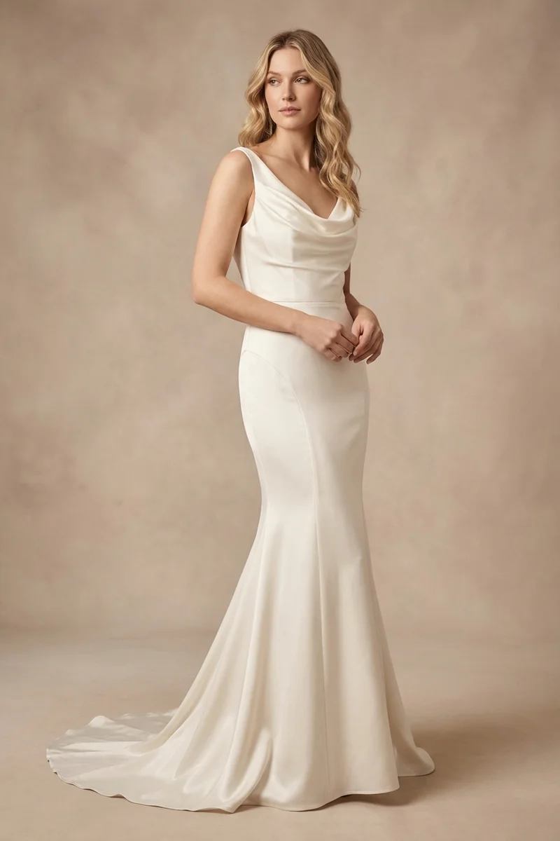 Cowl Neck Satin Wedding Dress - 1