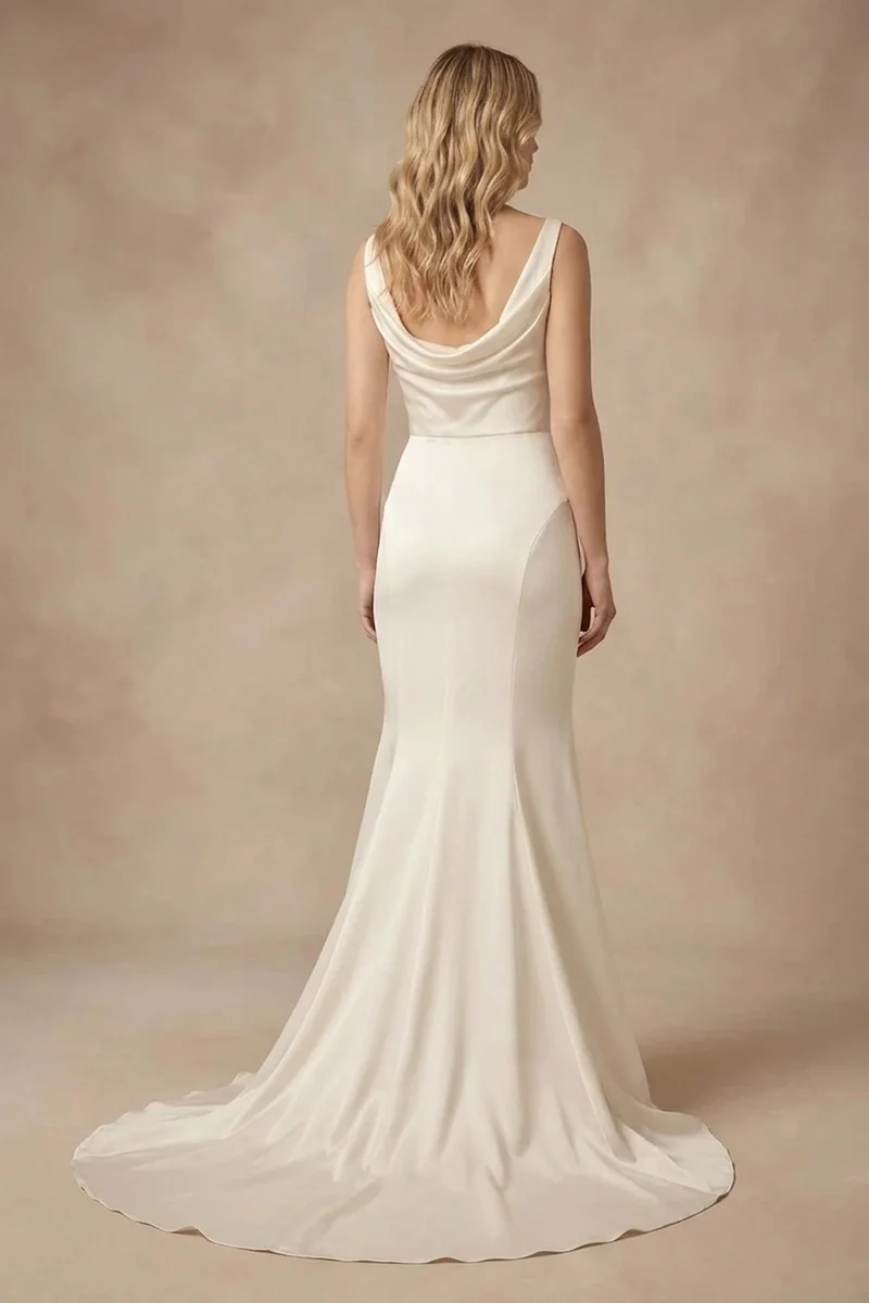 Cowl Neck Satin Wedding Dress - 2