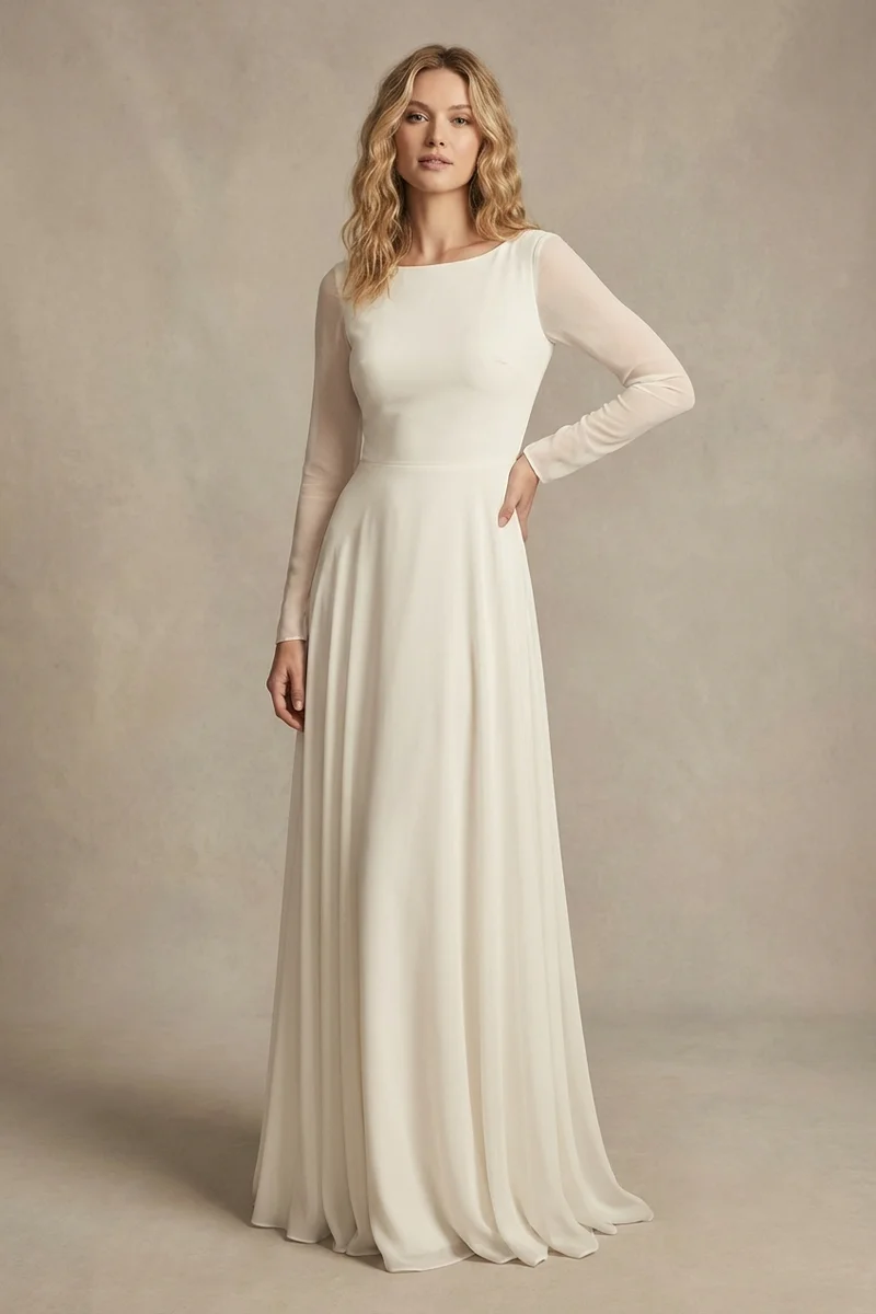 Phoebe Simple Chiffon Boat Neck Wedding Dress - 1