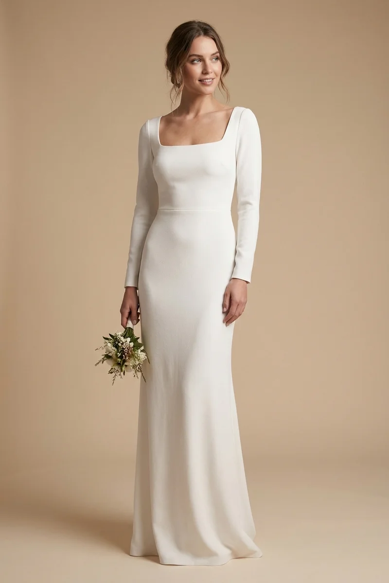 Aurora Square Neck Fitted Crepe Wedding Dress - 1