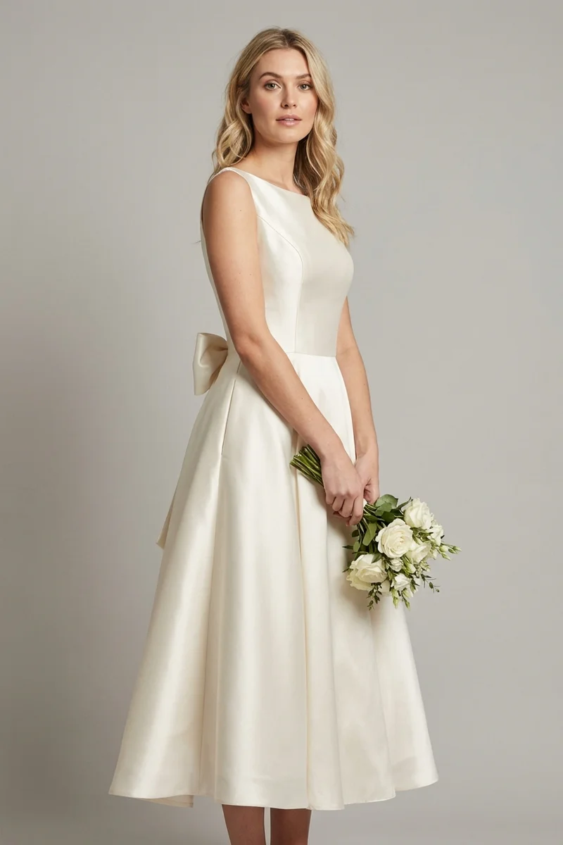 Margot Satin Tea Length Dress with Bow Detail - 1