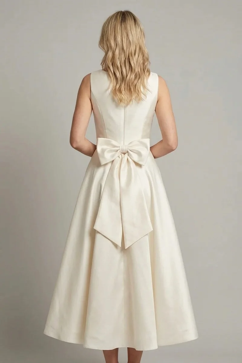 Margot Satin Tea Length Dress with Bow Detail - 2