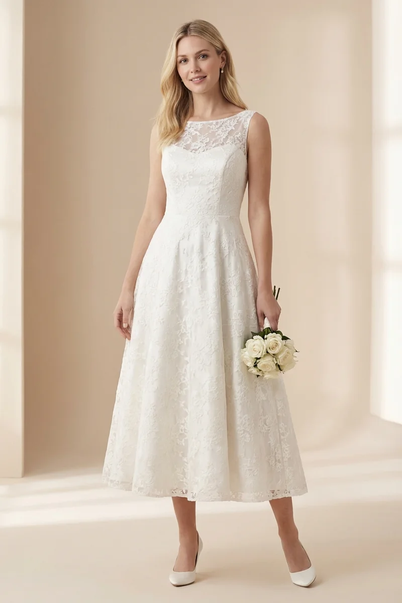 Lace Tea-Length Wedding Dress Under $200 - 1