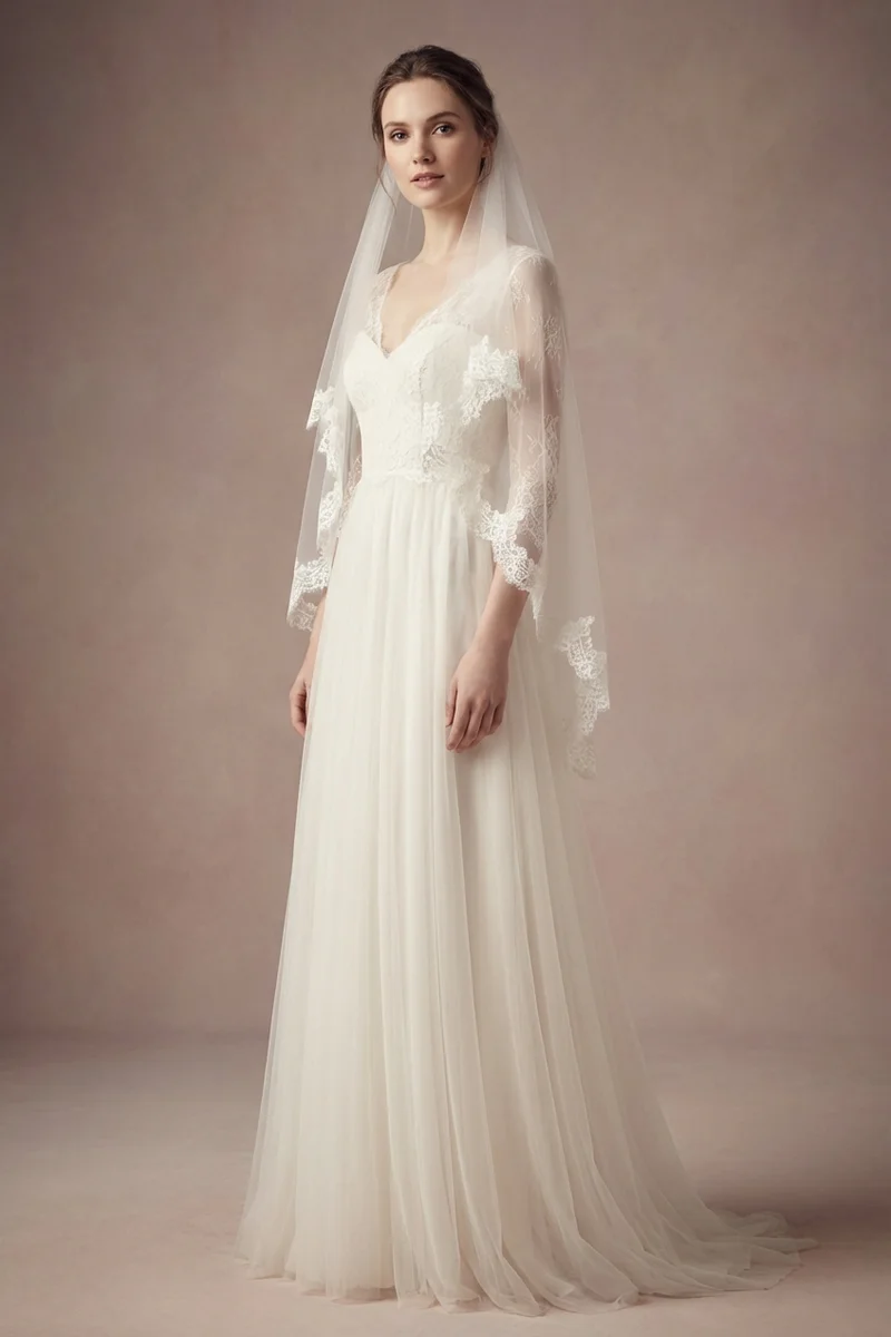 Fingertip Length Lace Trim Wedding Veil - 1