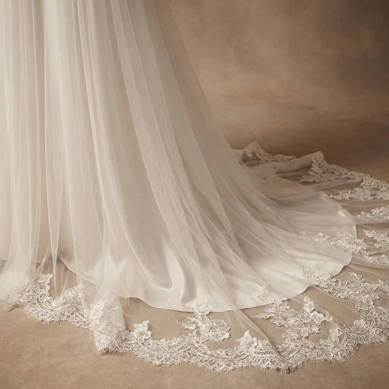 Fingertip Length Lace Trim Wedding Veil - 4