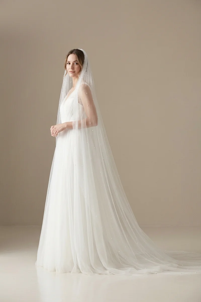 Pearl Beaded Chapel Length Wedding Veil - 1