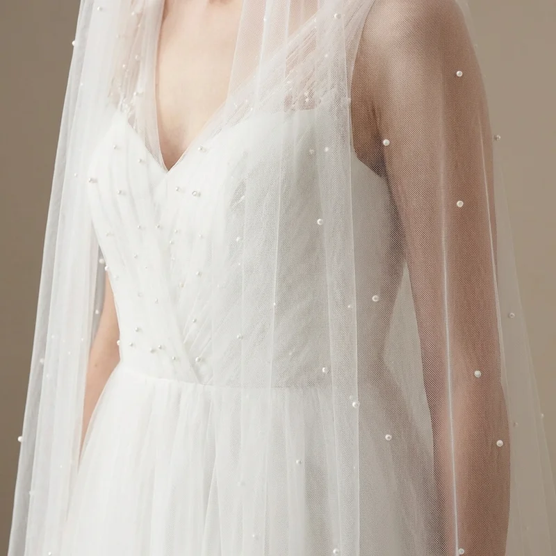 Pearl Beaded Chapel Length Wedding Veil - 3