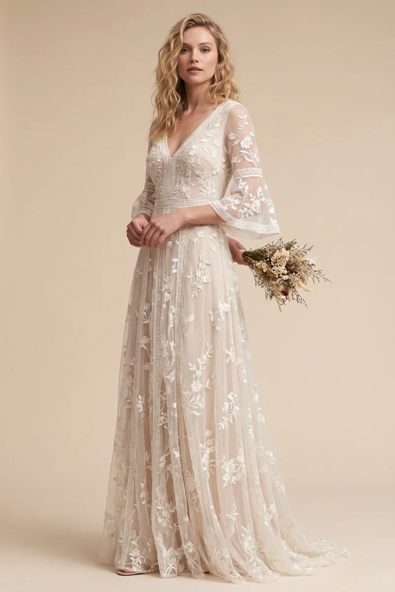 Florence Vintage Embroidered Boho Wedding Dress - 1