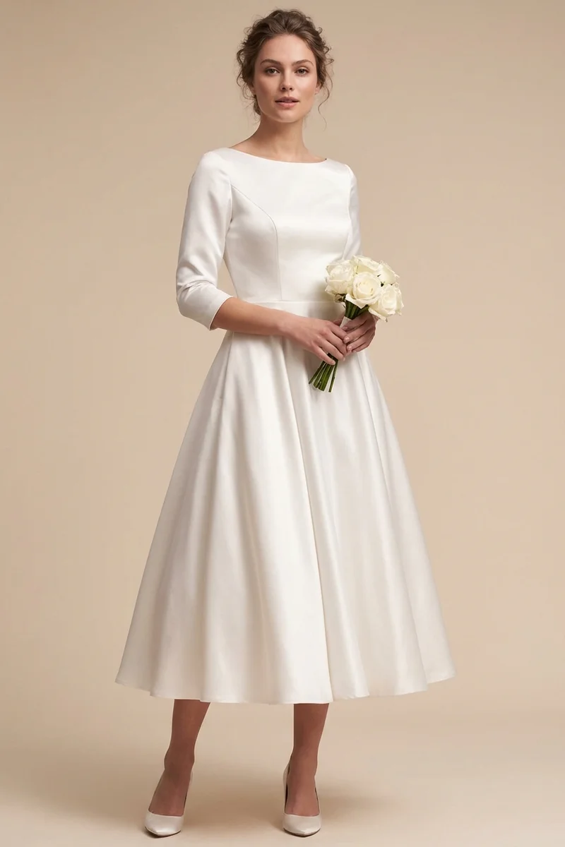 Colette Vintage Satin Tea Length Wedding Dress - 1