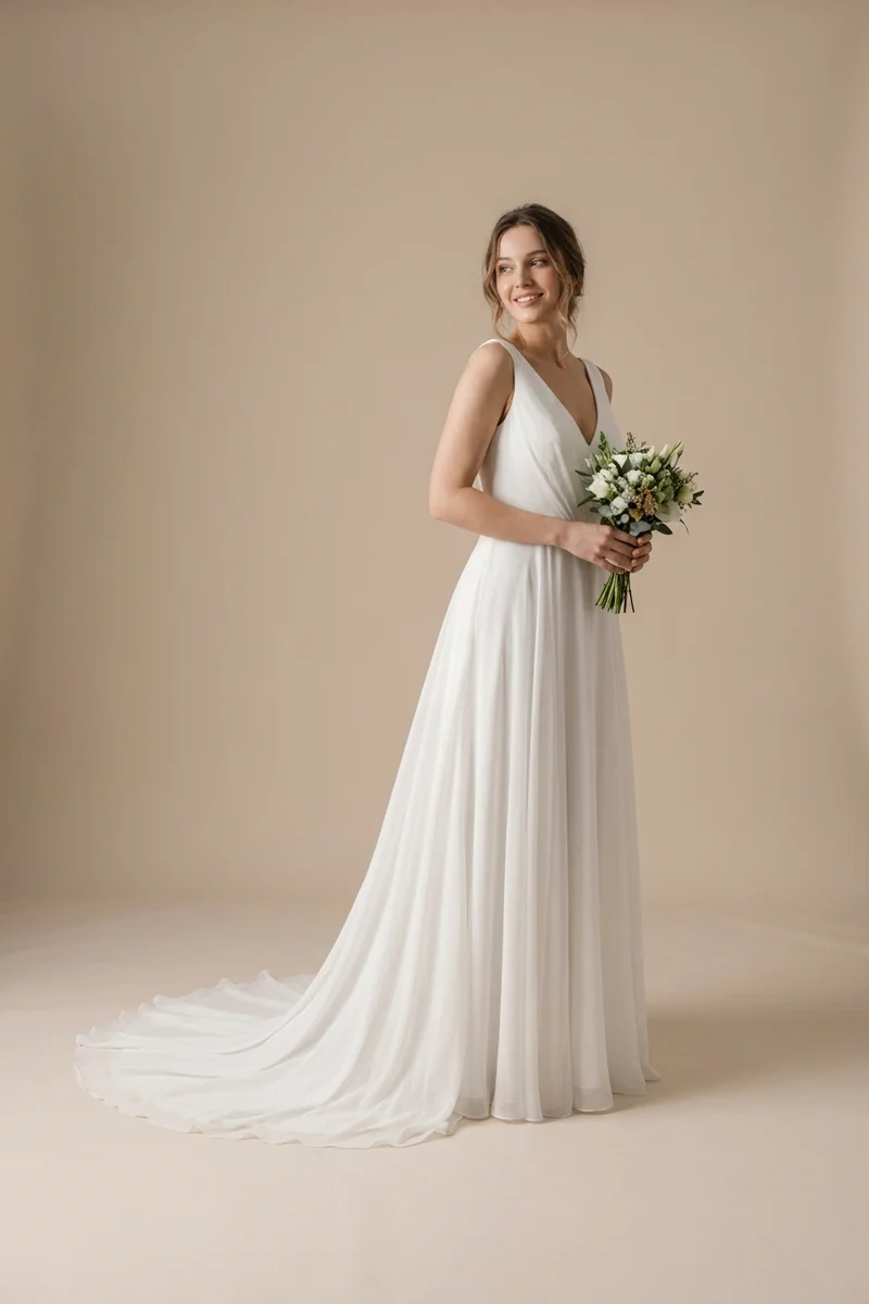 Flowing Chiffon V-Neck A-Line Wedding Dress - 1