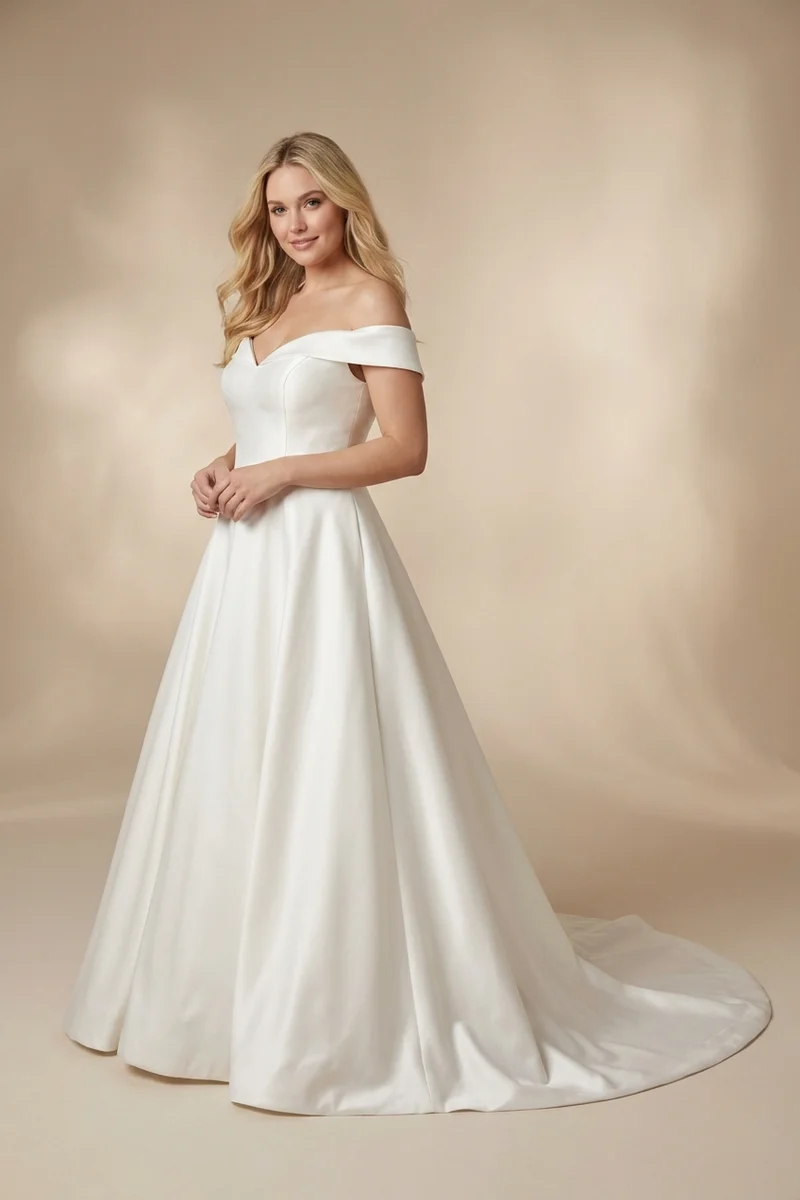 Classic Satin Off-Shoulder A-Line Wedding Dress - 1