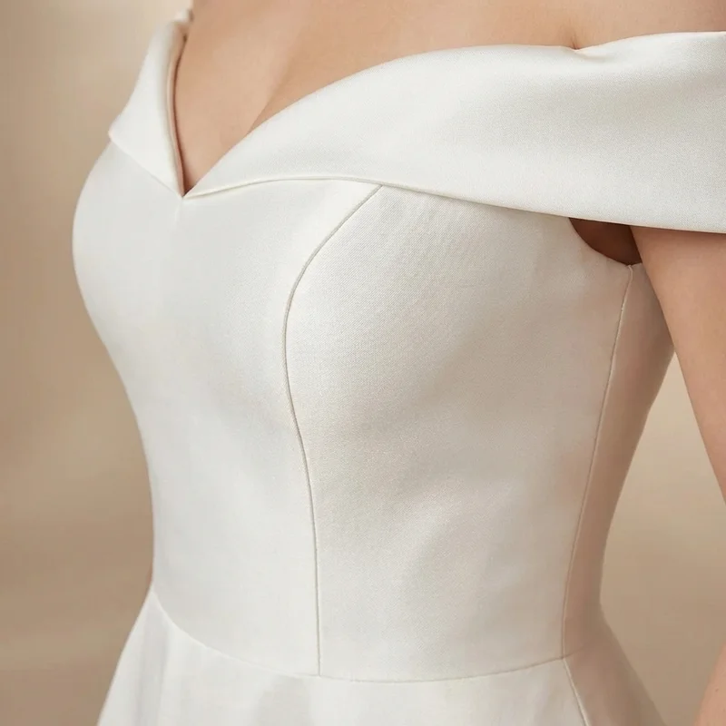 Classic Satin Off-Shoulder A-Line Wedding Dress - 3
