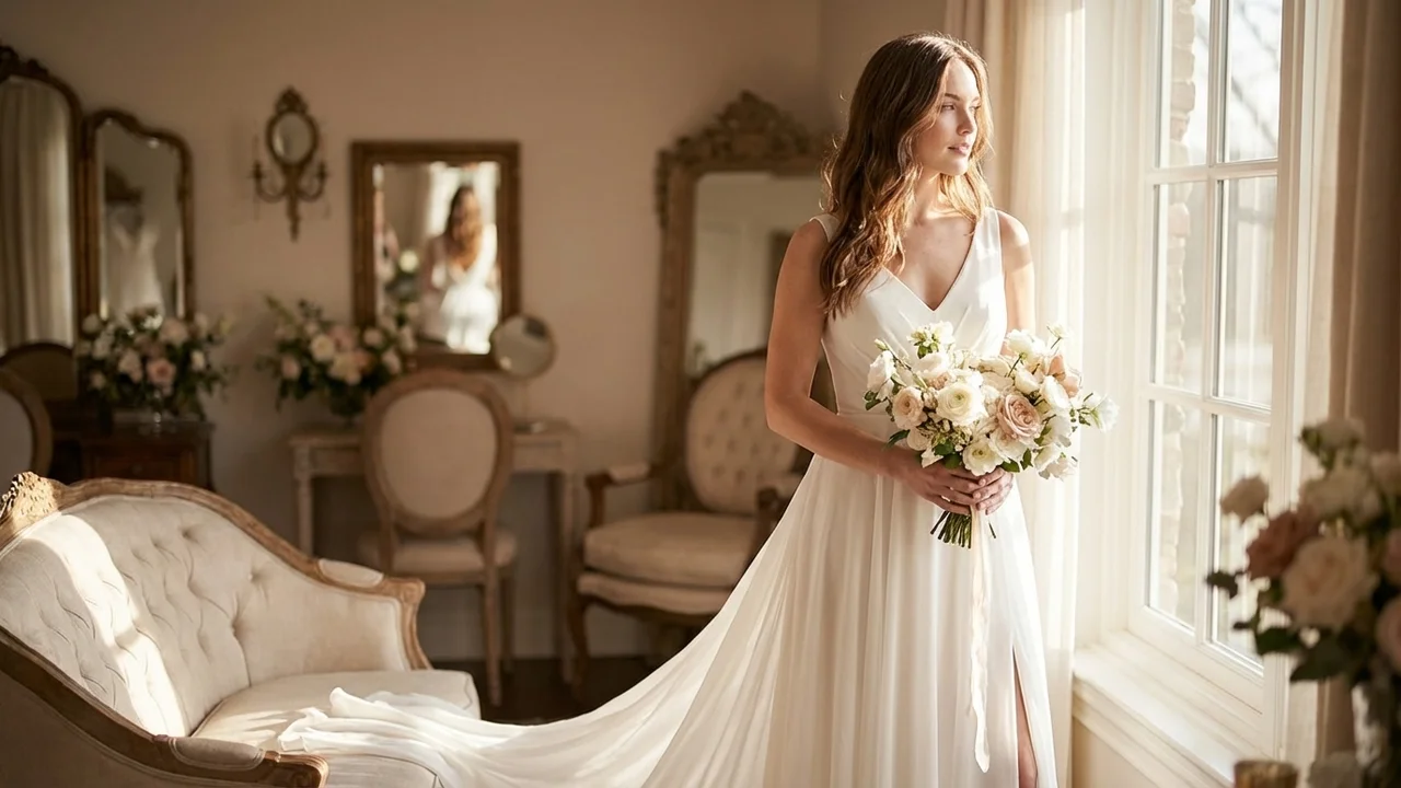 Flowy Chiffon Beach Wedding Dress with Side Slit - 5