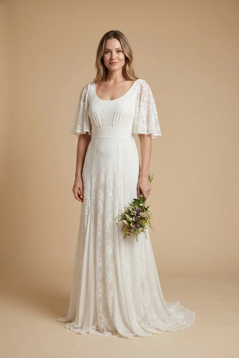 Bohemian Lace Beach Wedding Dress with Flutter Sleeves - 1