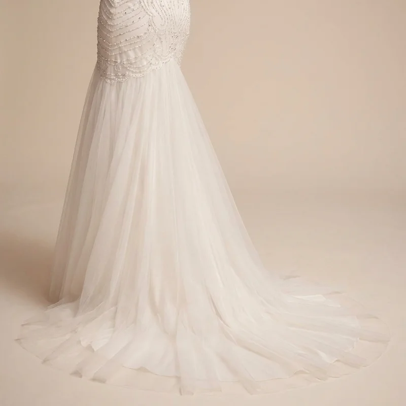 Beaded Cap Sleeve Trumpet Wedding Gown - 4