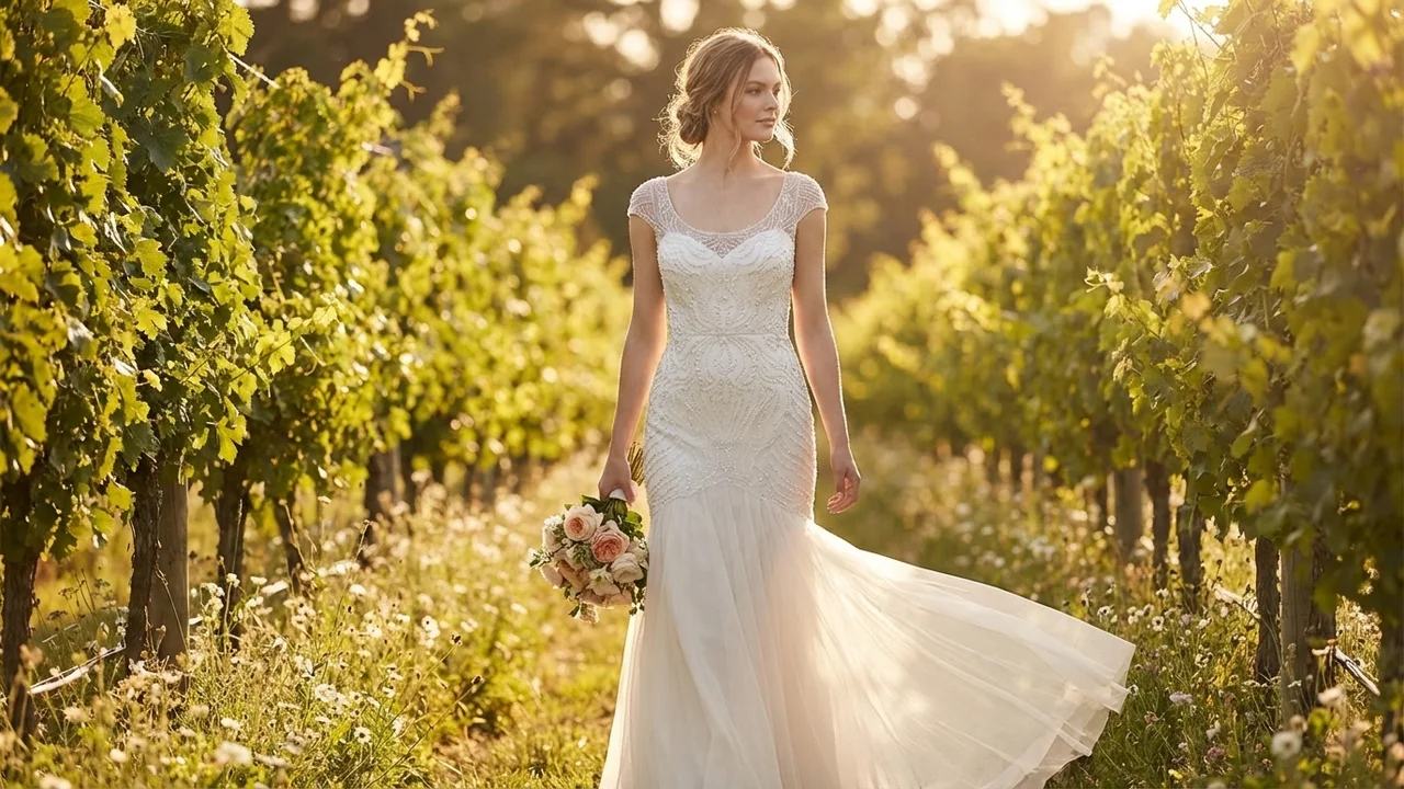 Beaded Cap Sleeve Trumpet Wedding Gown - 6