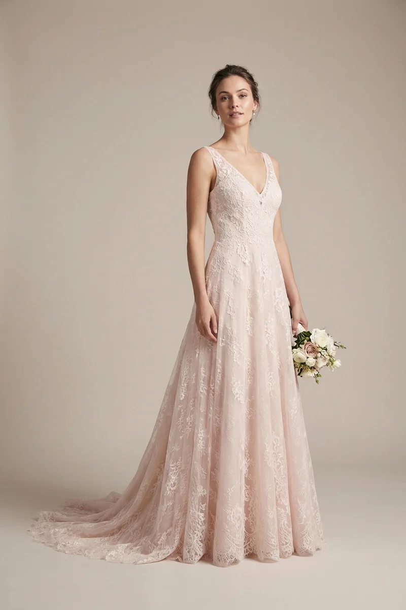 Valentina Blush A-Line Lace Wedding Dress - 1