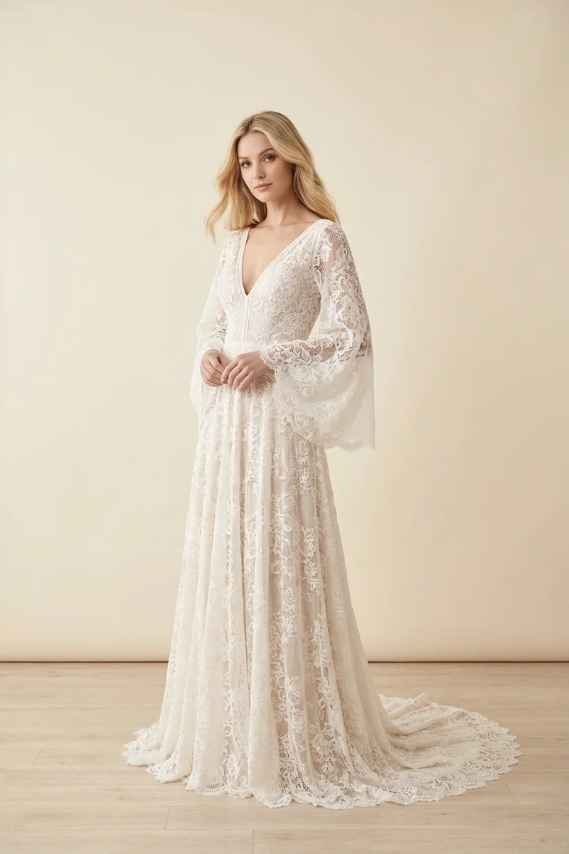 Bohemian Lace Bell Sleeve Wedding Dress - 1