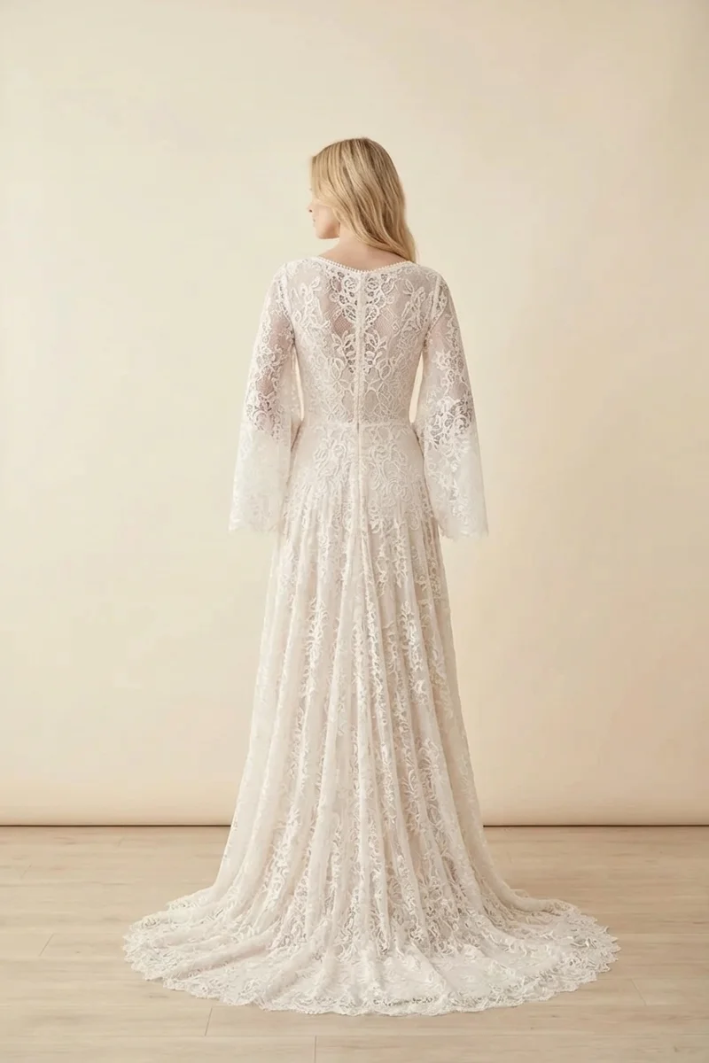 Bohemian Lace Bell Sleeve Wedding Dress - 2