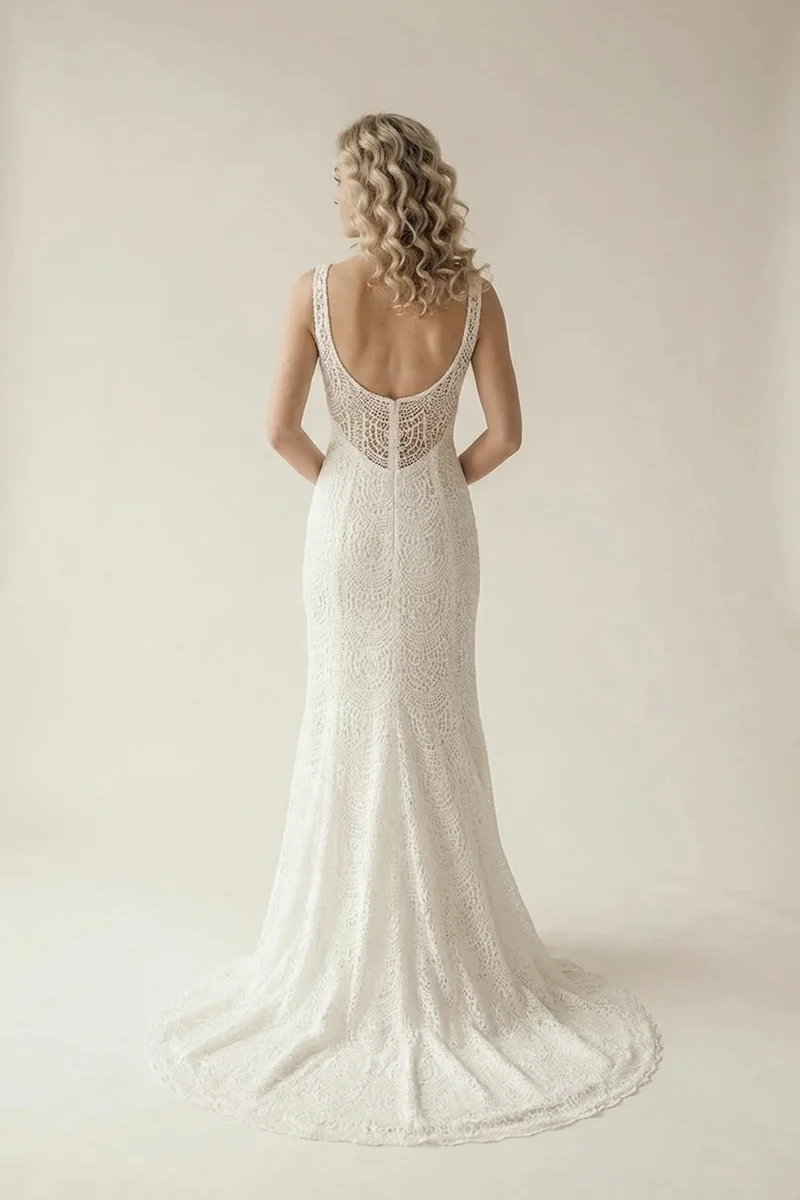 Crochet Lace Open Back Boho Wedding Dress - 2