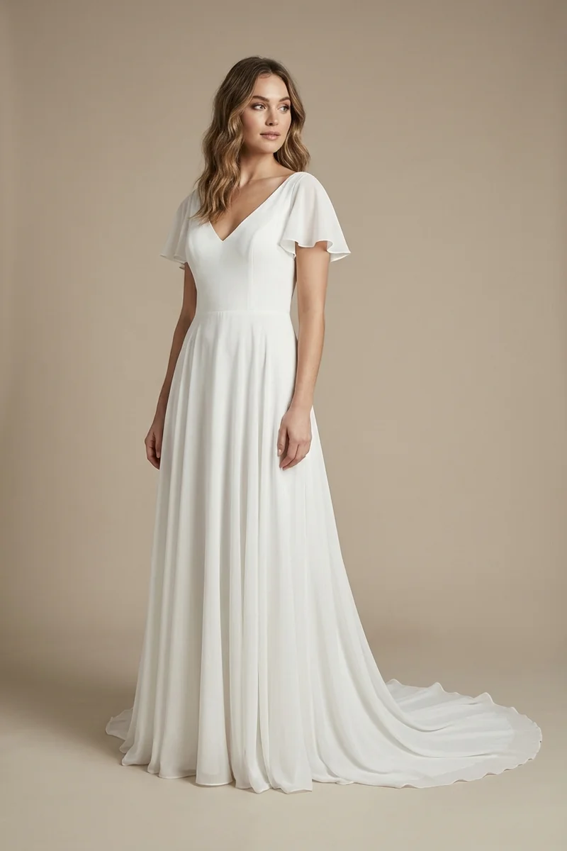 Flowy Chiffon Flutter Sleeve Boho Wedding Dress - 1