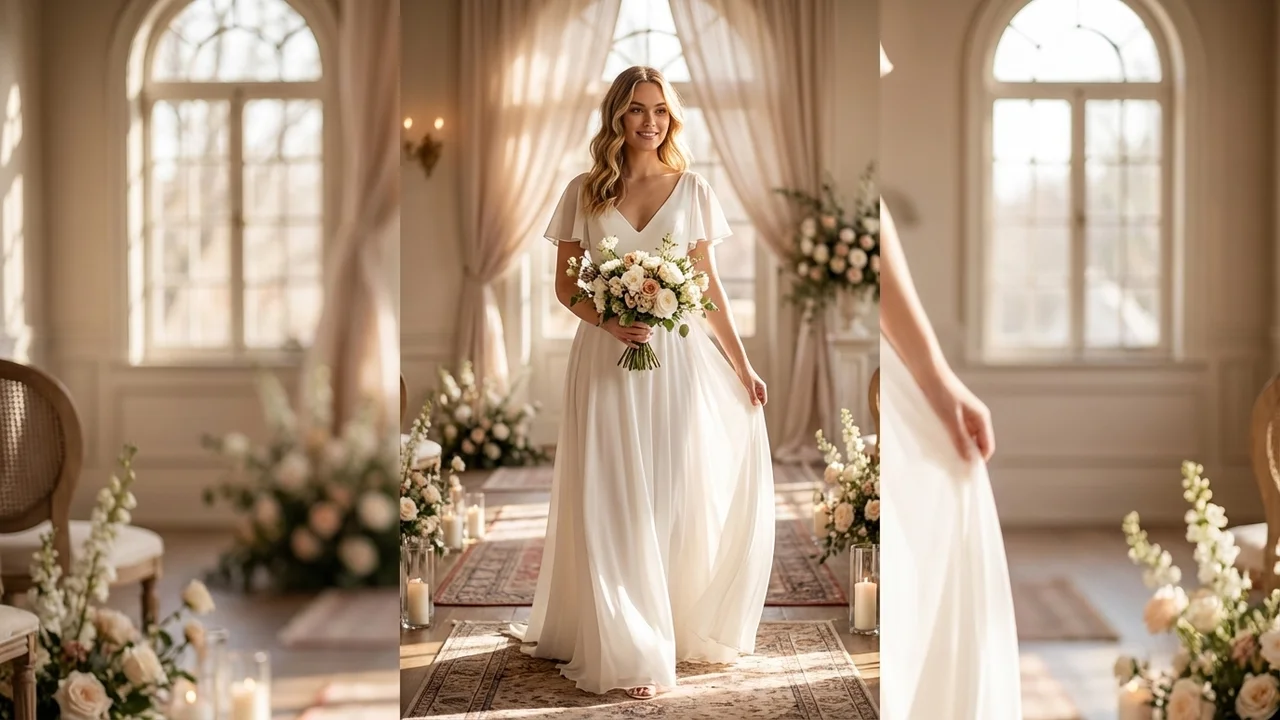 Flowy Chiffon Flutter Sleeve Boho Wedding Dress - 5