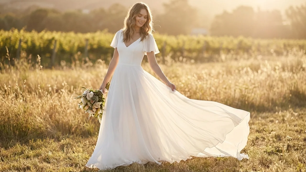 Flowy Chiffon Flutter Sleeve Boho Wedding Dress - 6