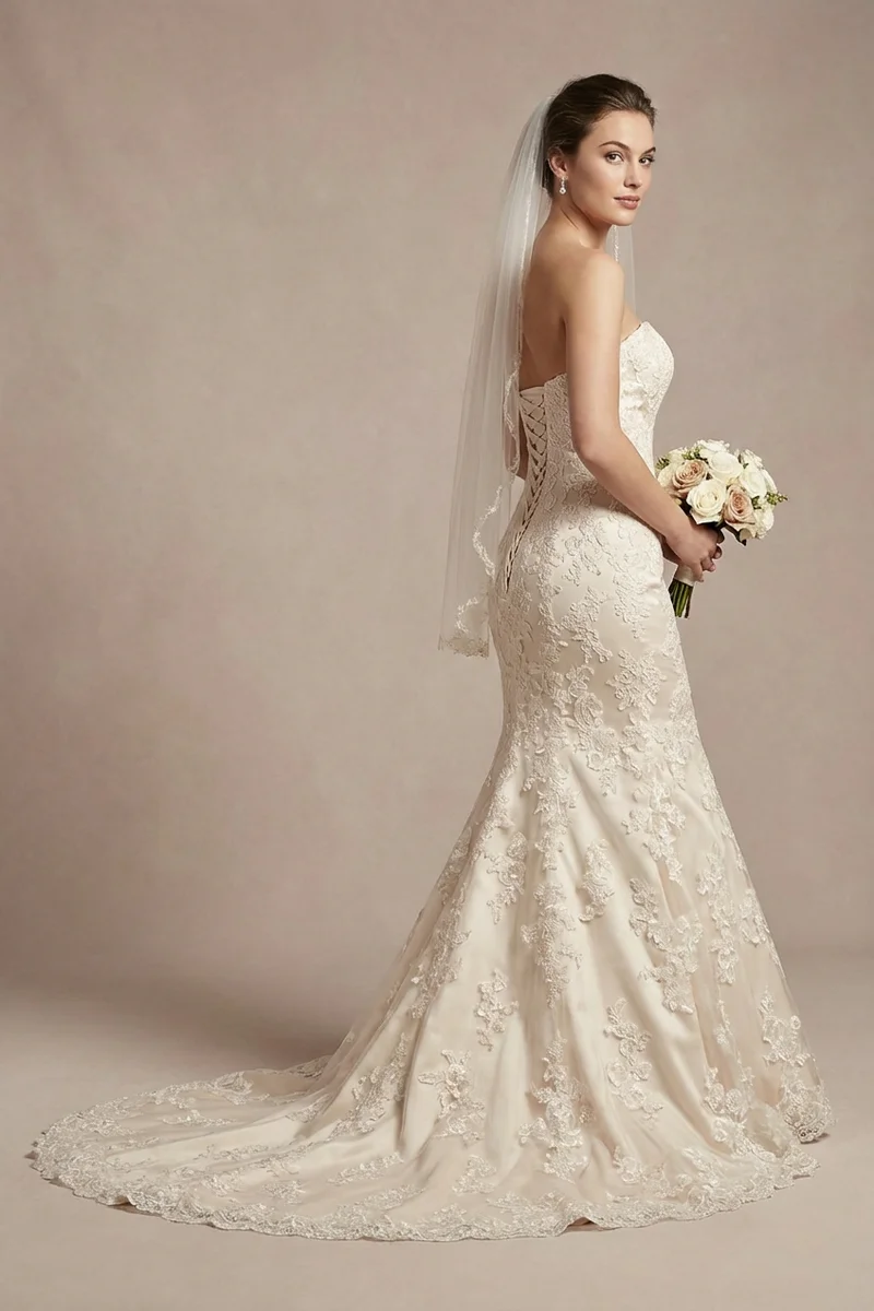 Champagne Lace Mermaid Wedding Gown - 1