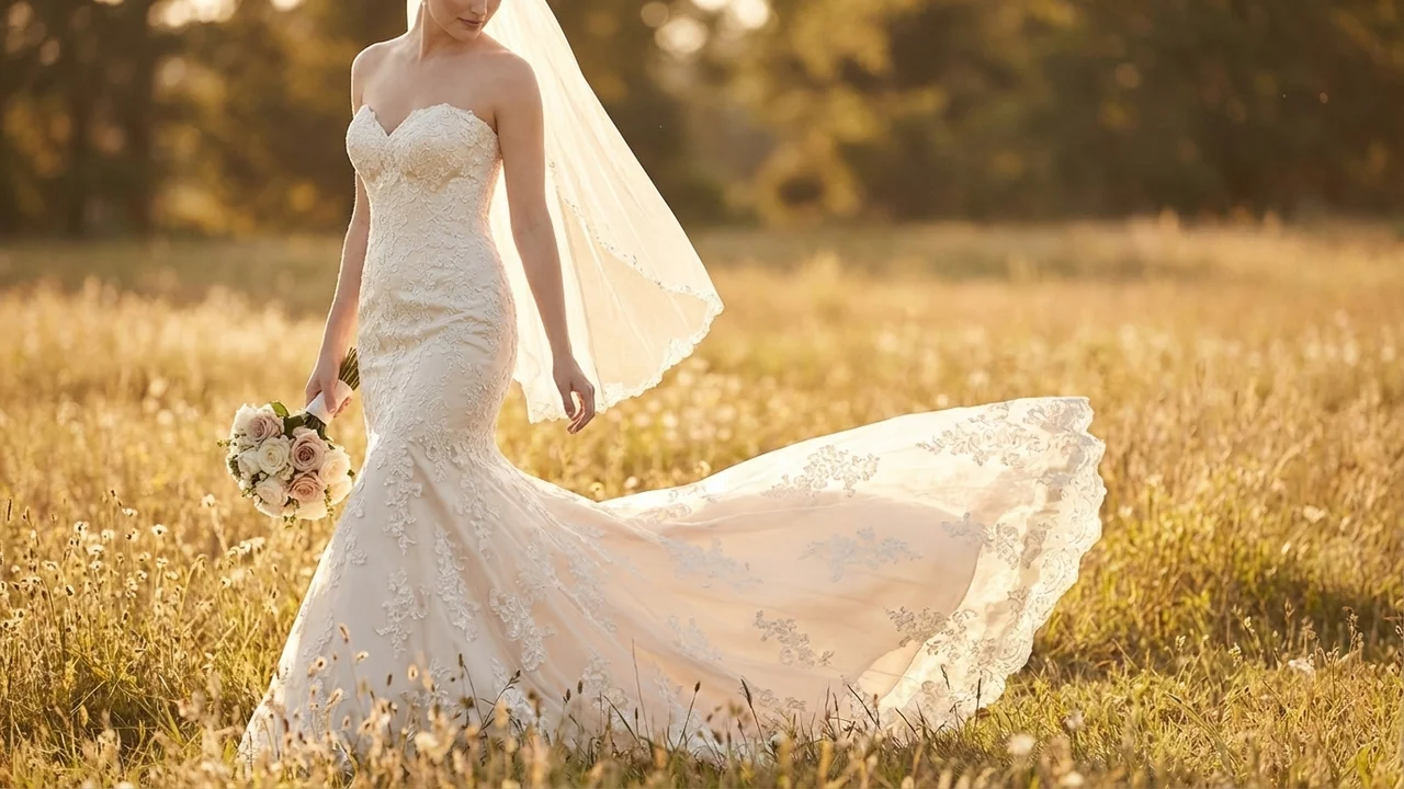 Champagne Lace Mermaid Wedding Gown - 6