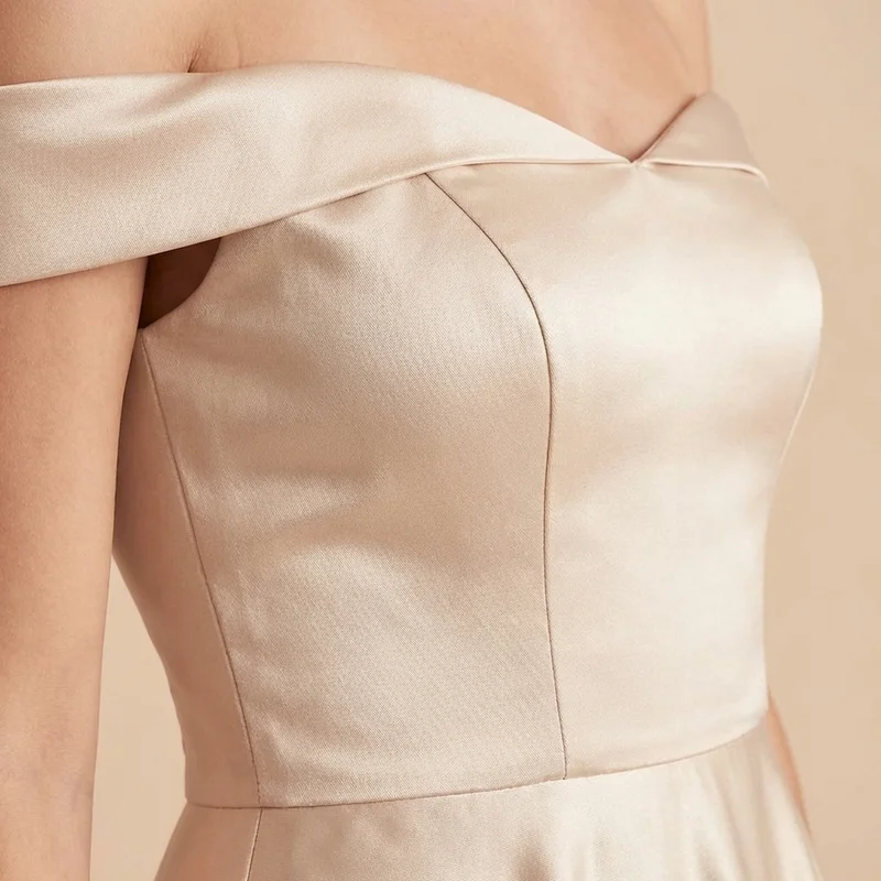 Champagne Satin A-Line Bridal Dress with Off-Shoulder Straps - 3