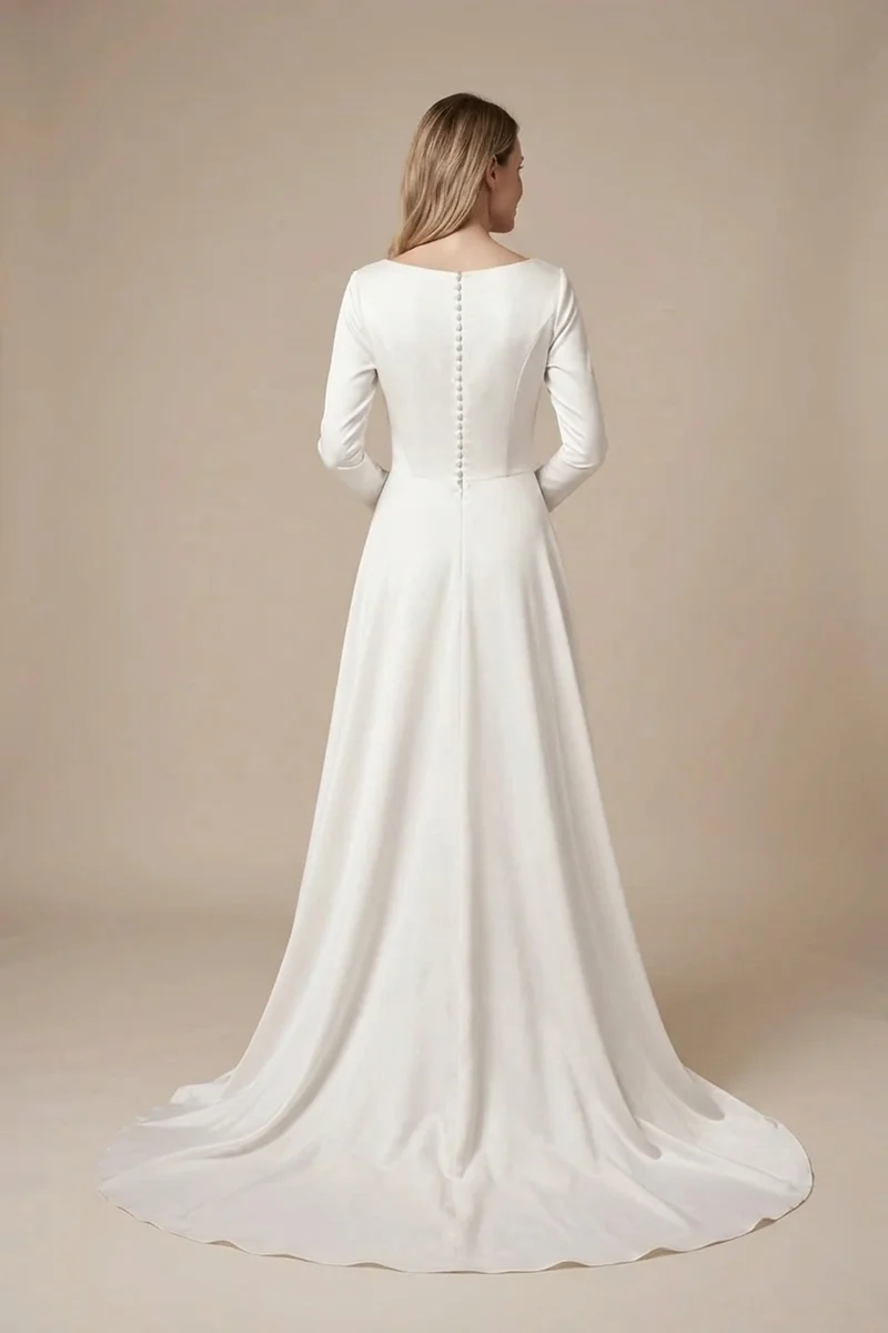 Satin A-Line Modest Church Wedding Dress - 2