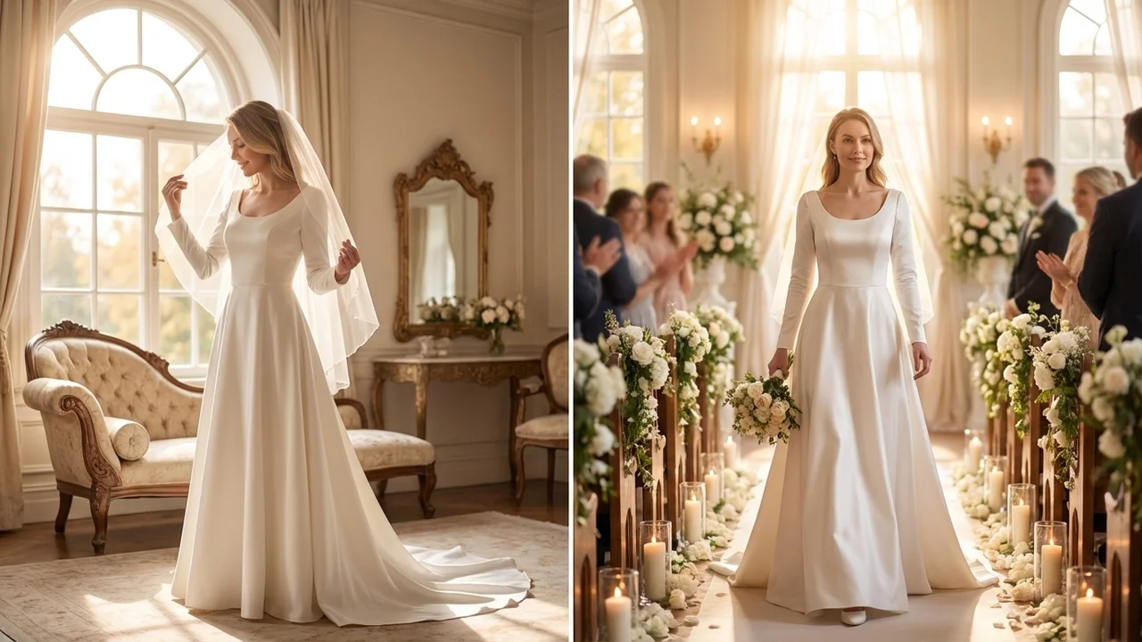 Satin A-Line Modest Church Wedding Dress - 5