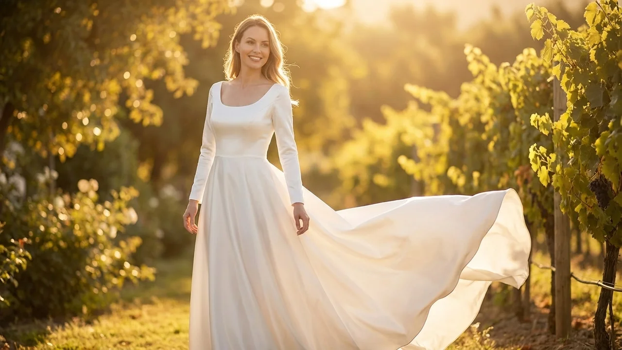 Satin A-Line Modest Church Wedding Dress - 6