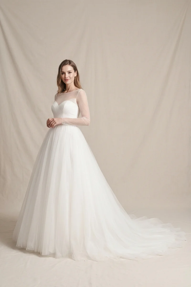 Tulle Ball Gown with Illusion Sleeves - 1