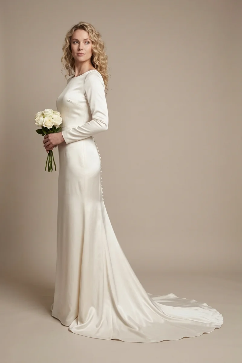 Elegant Column Satin Bridal Gown with Boat Neck - 1