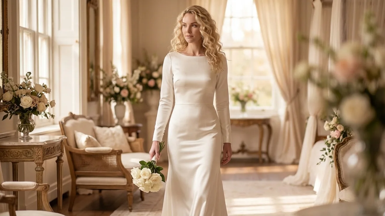 Elegant Column Satin Bridal Gown with Boat Neck - 5