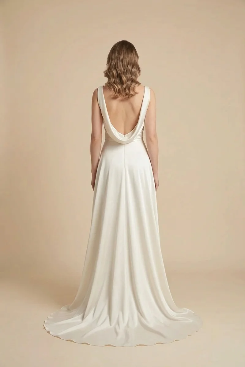 Draped Cowl Neck Satin Wedding Gown - 2