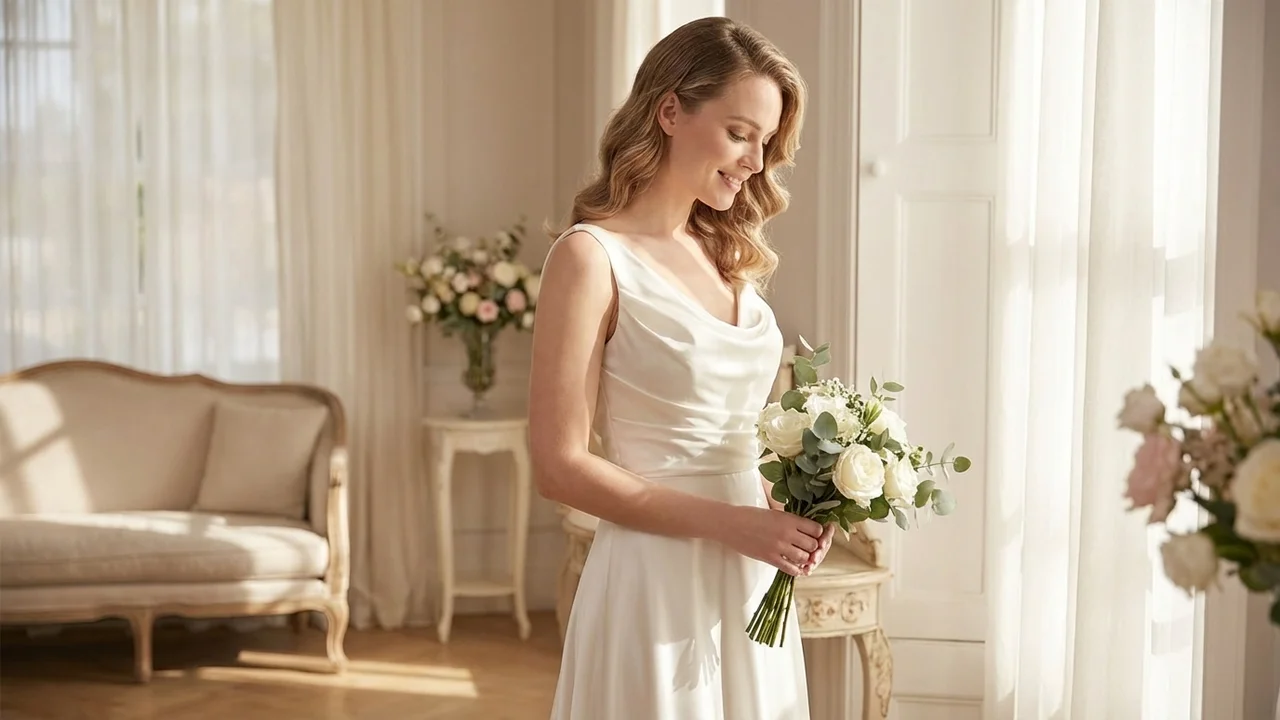 Draped Cowl Neck Satin Wedding Gown - 5