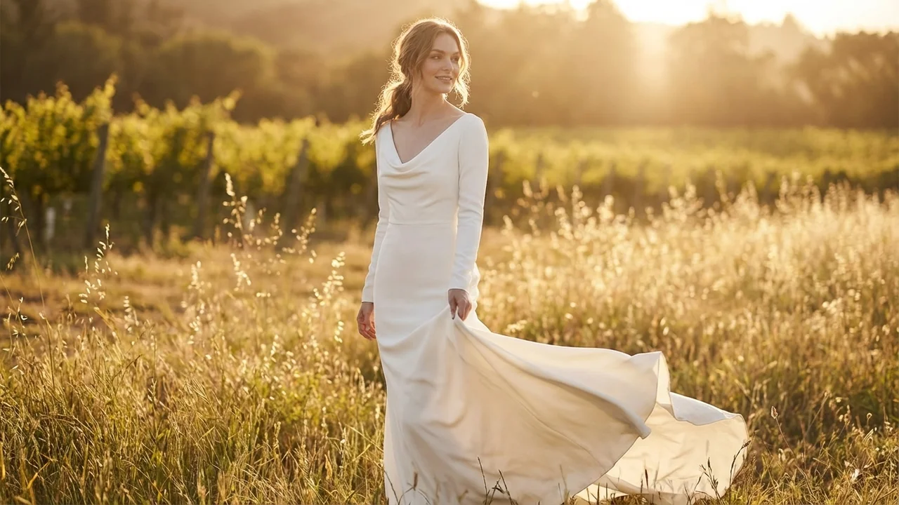 Cowl Neck Crepe Gown with Long Sleeves - 6