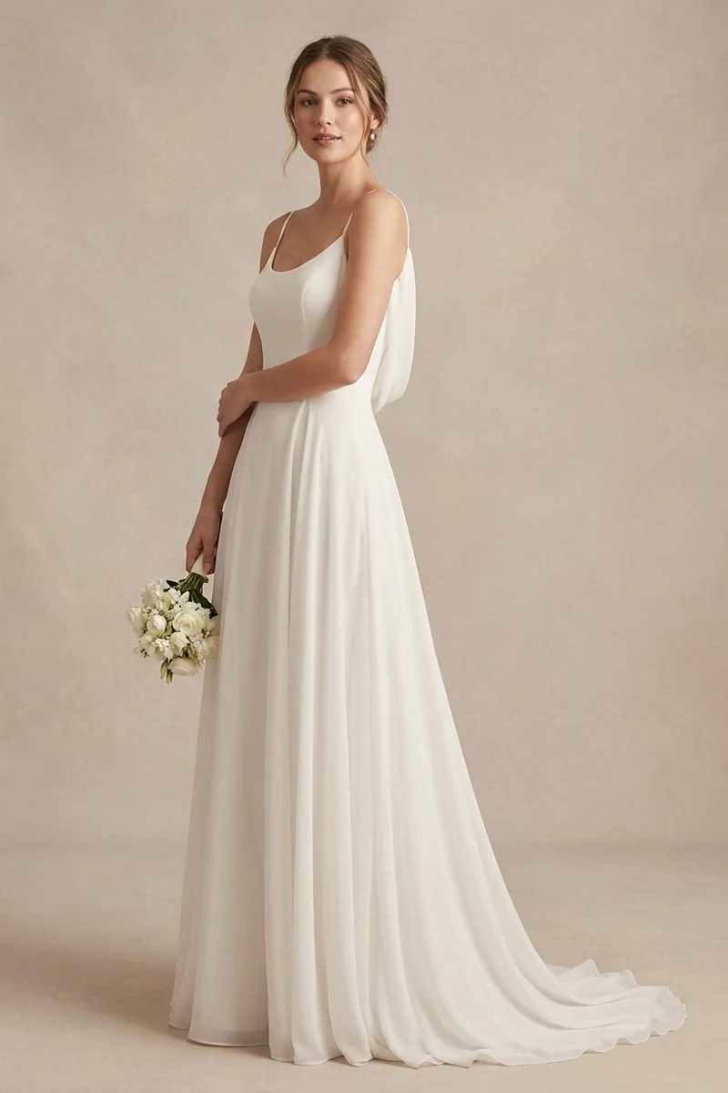 Cowl Back Chiffon Wedding Dress with Delicate Straps - 1