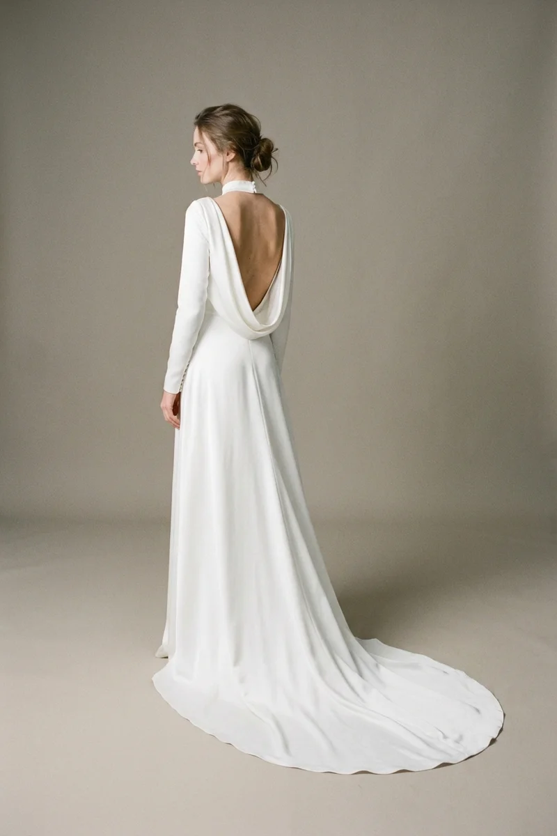 Cowl Back Satin Wedding Dress with Chapel Train - 1