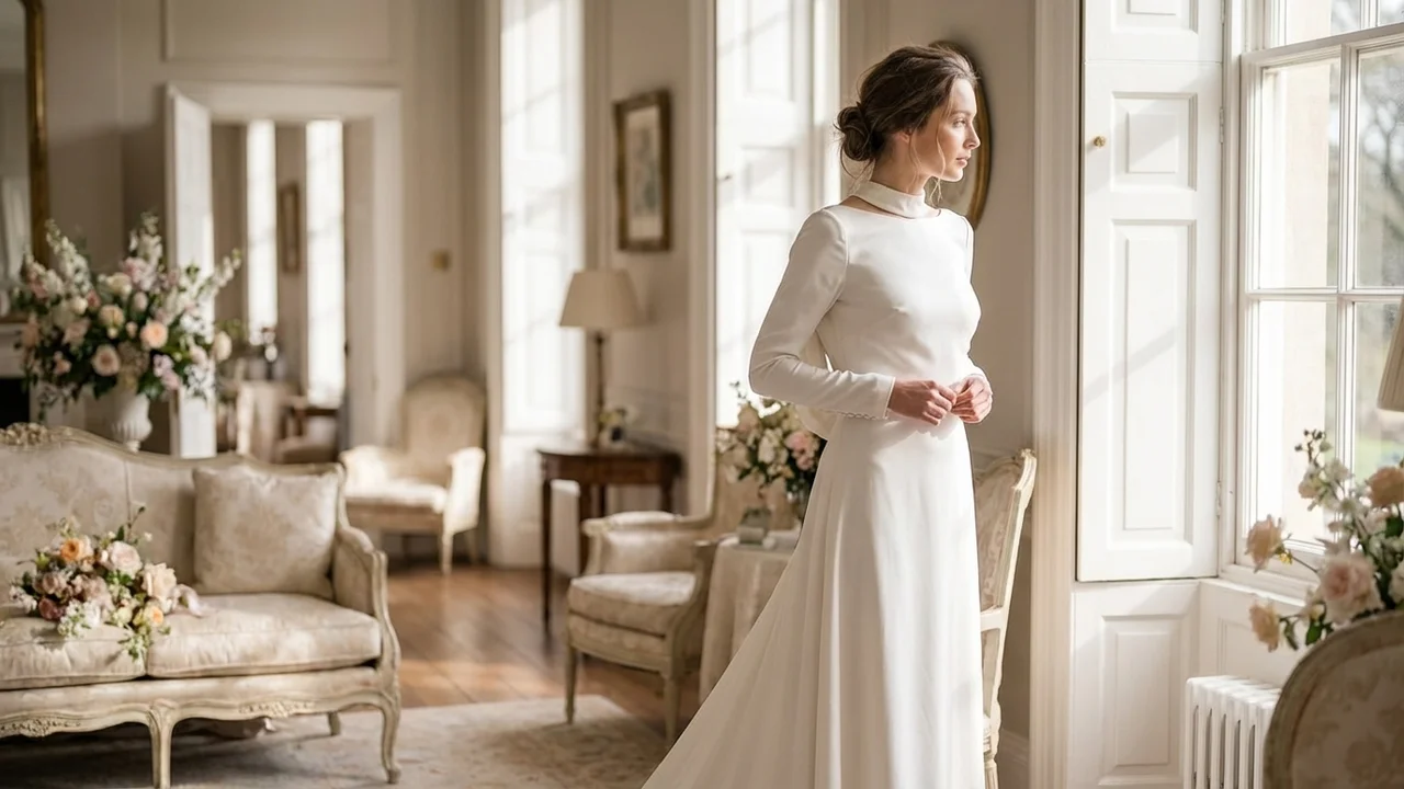 Cowl Back Satin Wedding Dress with Chapel Train - 5