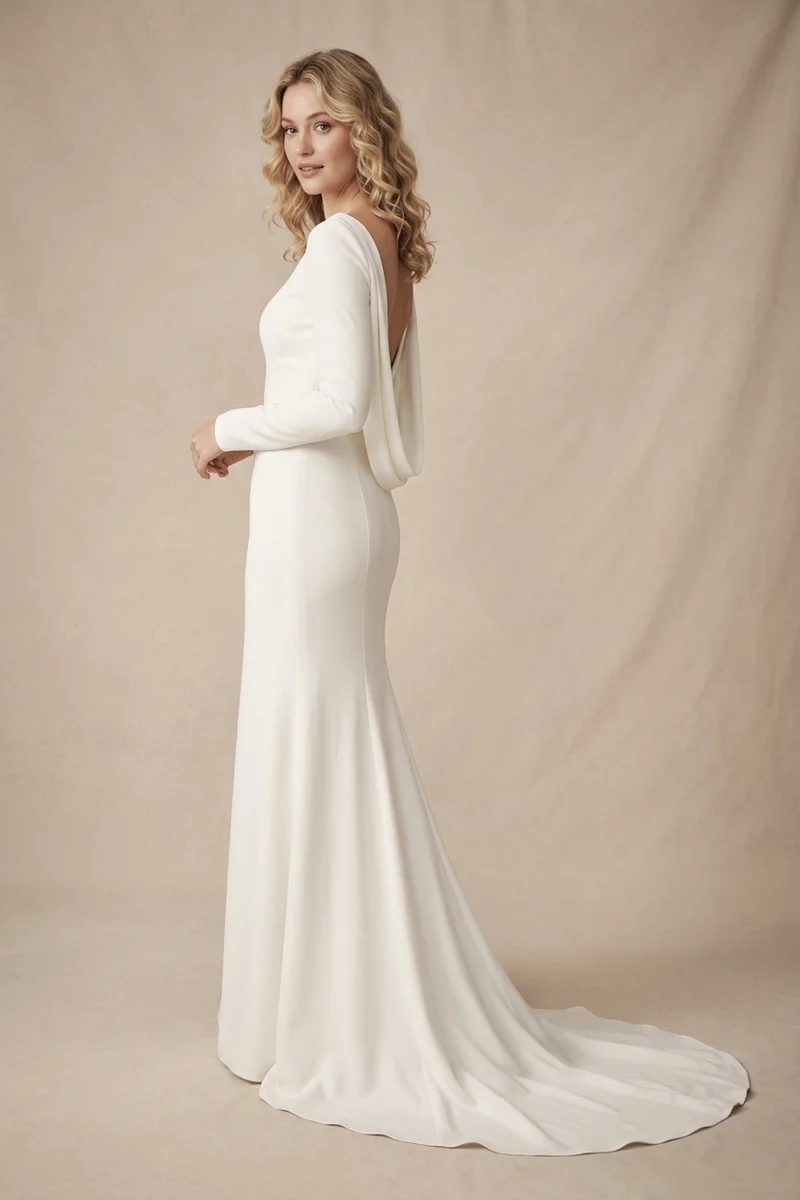 Cowl Back Crepe Wedding Dress with Low Back Detail - 1