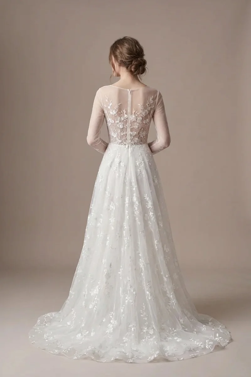 Floral Embroidered Garden Wedding Dress with Sheer Sleeves - 2