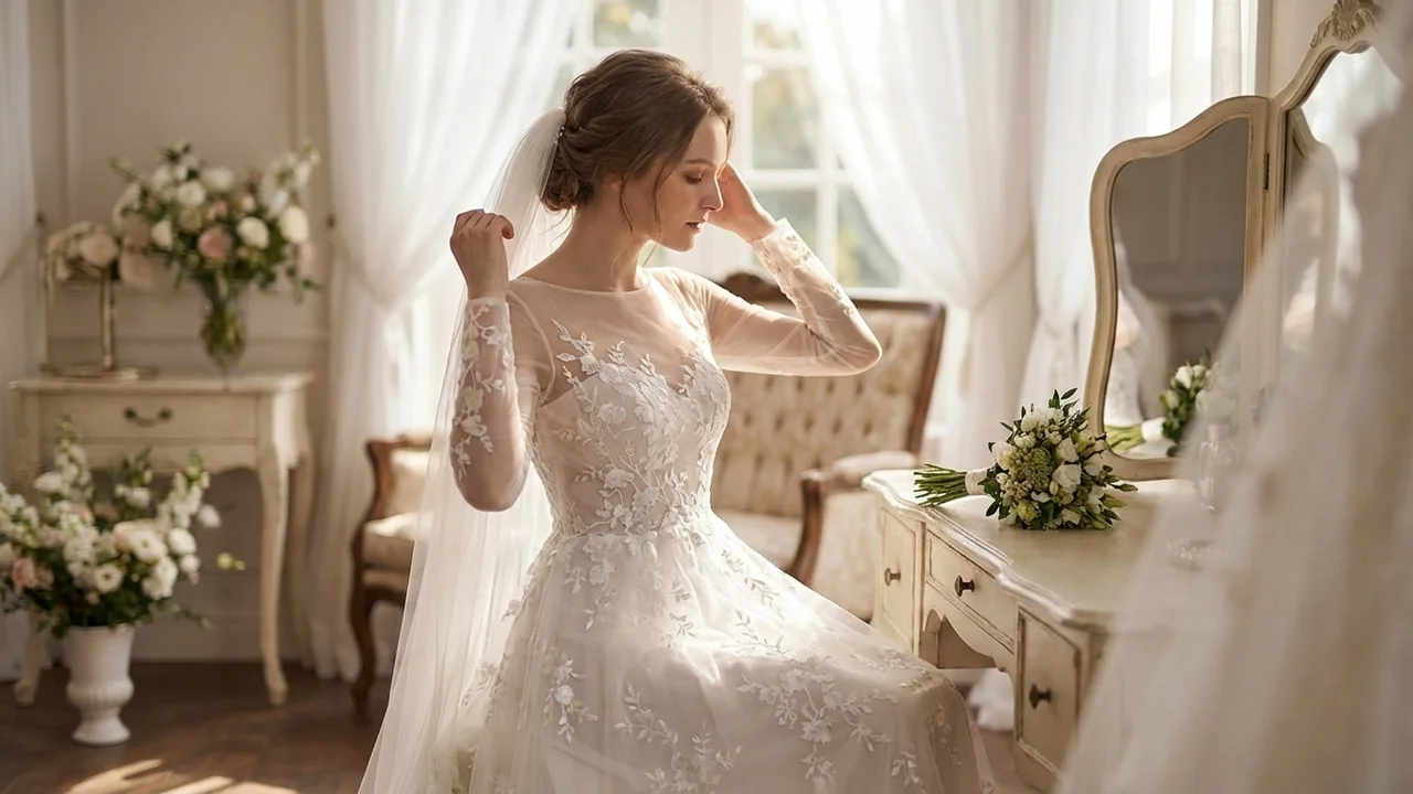 Floral Embroidered Garden Wedding Dress with Sheer Sleeves - 5