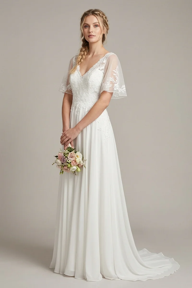 Chiffon Flutter Sleeve Garden Wedding Dress with Lace Bodice - 1