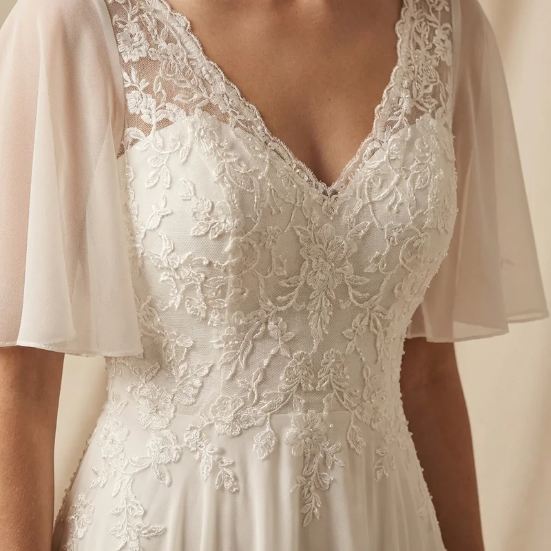 Chiffon Flutter Sleeve Garden Wedding Dress with Lace Bodice - 3