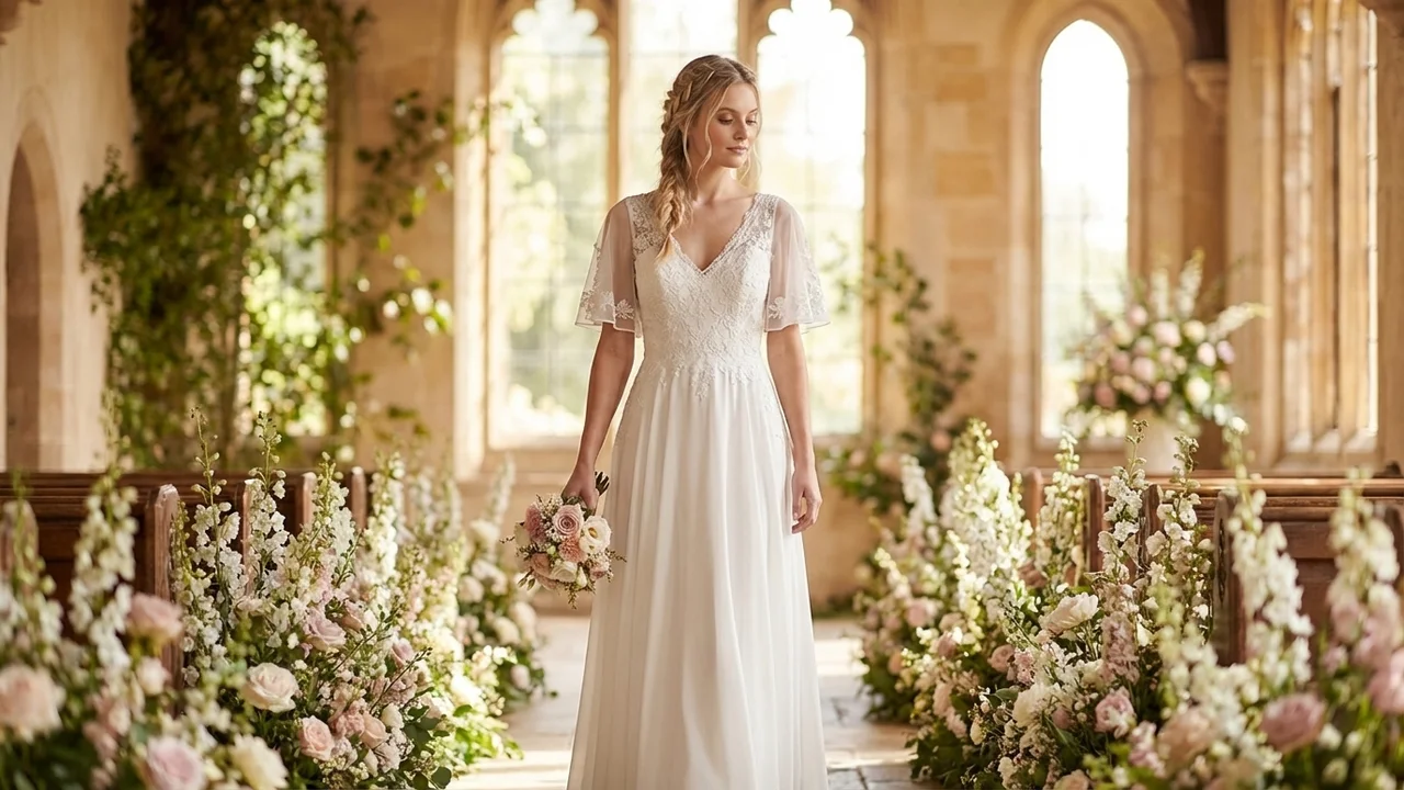 Chiffon Flutter Sleeve Garden Wedding Dress with Lace Bodice - 5